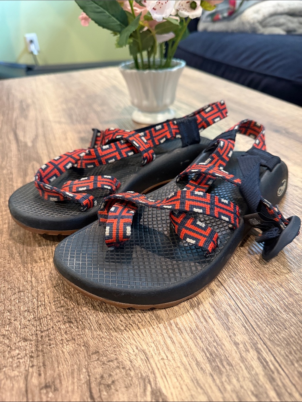 Chaco Women's Black Sandals with Red/Navy Geometric Straps